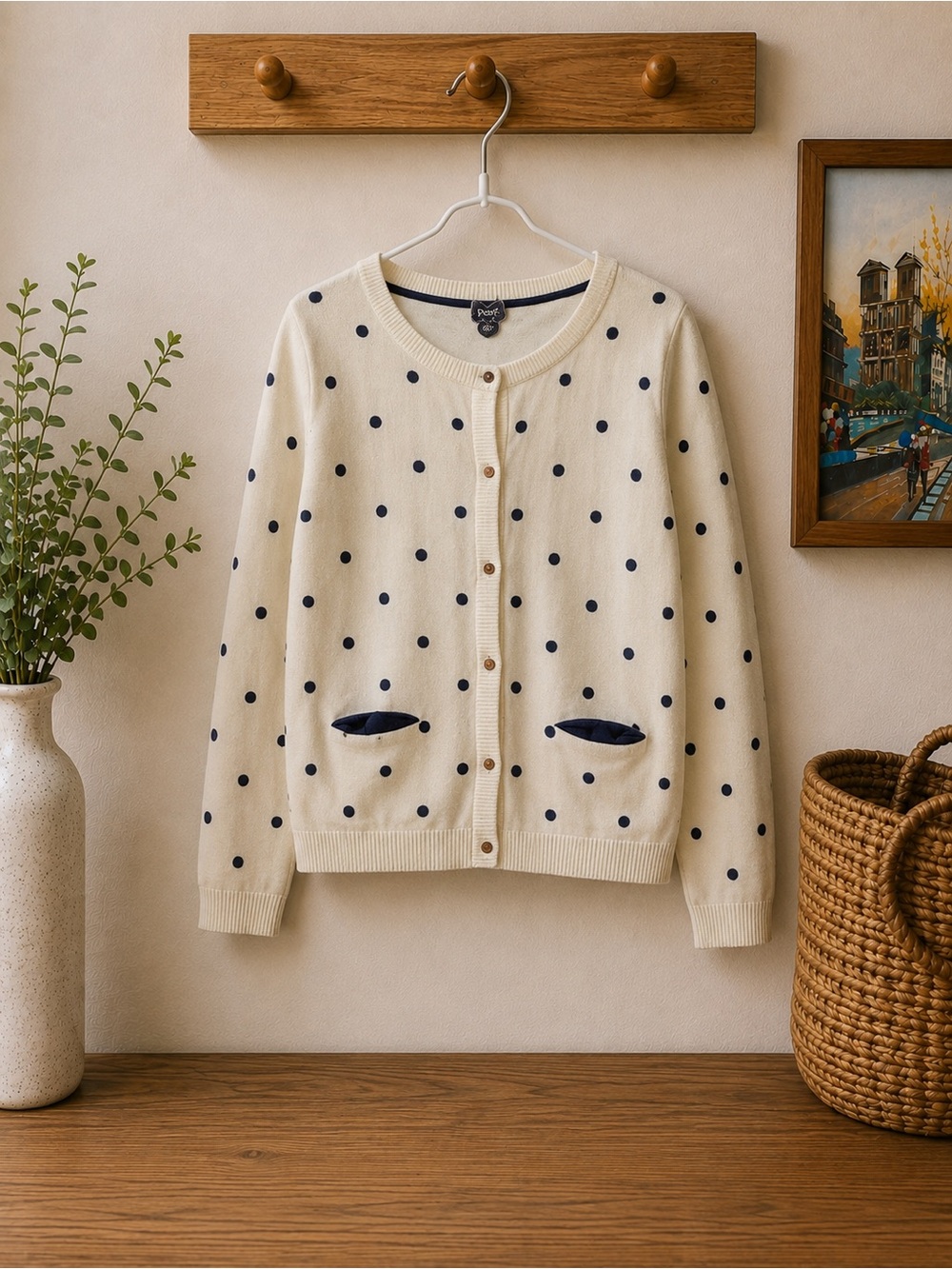 Poof! Cream Cardigan with Navy Polka Dots